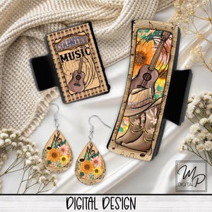 County Music PNG Design pour sublimation de pinces à cheveux, boucle d'oreille Western assortie en forme de larme incluse, téléchargement de conception numérique