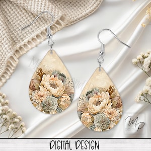 Boho bloemen sublimatie oorbel ontwerpsjabloon, Teardrop Earring Blanks Design, oorbel png, instant digitale download