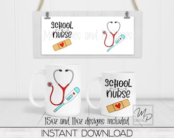 Schul Krankenschwester 11 Unze und 15 Unze Becher Wrap Vorlage, Krankenpflege Kaffeetasse Sublimation, digitaler Download, kommerzielle Nutzung