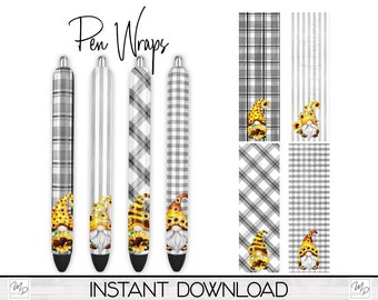 Sunflower Gnome Epoxy Pen Wrap PNG Design, Ink Pen Waterslide Bundle Digital Download