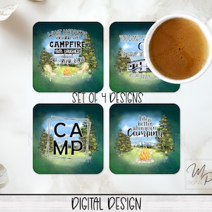 Set of 4 Camping Coaster Sublimation PNG Designs, Square Coffee Coasters for the Camper, Car Coaster Sublimation Digital Download