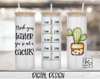 20oz / 25oz Glass Tumbler Water Tracker, Cactus Wrap for Sublimation and Waterslides, PNG Digital Download