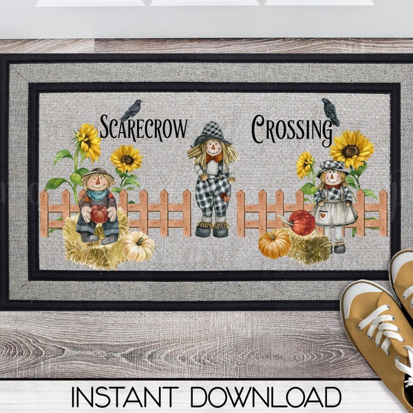 Fall Scarecrow Crossing Front Door Mat Sublimation Design Download, Welcome Fall Rug PNG, Rug Designs, Doormat PNG