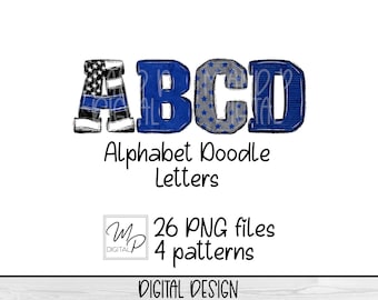 Peut inclure: Lettres de l'alphabet bleues, grises et blanches avec un contour noir fin. Les lettres sont décorées d'une fine ligne bleue, d'étoiles et d'un motif de drapeau américain. Le texte "Alphabet Doodle Letters" est sous les lettres. Le texte "26 PNG files 4 patterns" est sous les lettres. Le texte "DIGITAL DESIGN" est en bas de l'image.