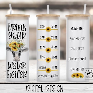 Traqueur d'eau de gobelet en verre 20 oz / 25 oz, enveloppement de vache tournesol pour sublimation et toboggans aquatiques, téléchargement numérique PNG, buvez votre génisse d'eau