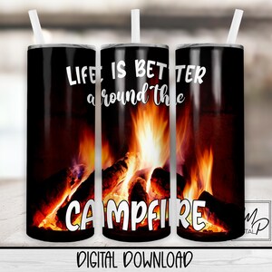 Camping 20 oz Skinny Tumbler Sublimation Design, Instant Digital Download PNG Straight and Tapered Tumbler Wrap PNG, Around The Campfire