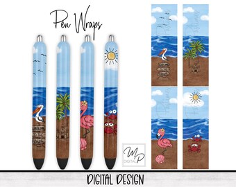 Strand Epoxy Pen Wrap Design, tropische Wasserfolie Digital Download, Sublimationsvorlage, 4er Pack Bundle Datei Set, Epoxy Ink Pen Design