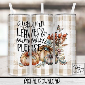 Seamless Autumn Leaves & Pumpkins 20 oz Skinny Tumbler Sublimation Design Instant Digital Download PNG Straight and Tapered Tumbler Wrap PNG