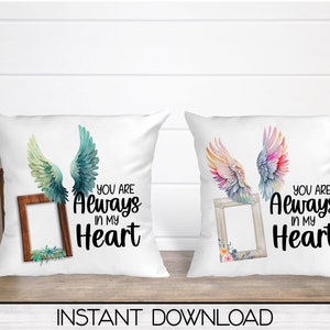 Angel Wings Memorial Square Pillow Cover PNG Sublimation Design, Two Designs, Digital Download