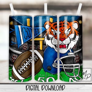 Blue Tiger Mascot Football 20 oz Skinny Tumbler Sublimation Design, Instant Digital Download PNG Straight Tumbler Wrap PNG