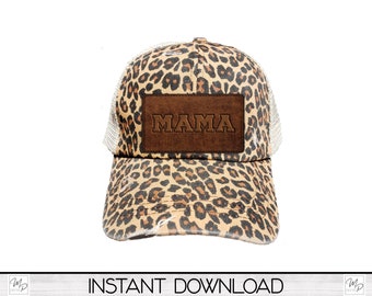 Könnte beinhalten: Eine braune und beigefarbene Trucker-Kappe mit Leopardenmuster und einem braunen Leder-Patch, auf dem in braunen Blockbuchstaben "MAMA" steht.