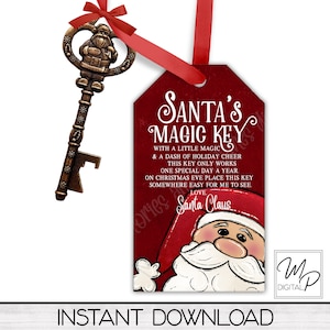 Santa&#39;s Magic Key Tag PNG Sublimation Digital Design Download, Personal and Commercial Use
