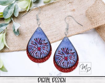 May include: A pair of teardrop-shaped earrings with a red, white and blue firework design. The earrings are made of a blue and red glitter material.