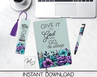 Teal and Purple Prayer Journal - Desk Set PNG Sublimation Journal Design - Includes Journal, Bookmark and Pen Designs - Digital Download