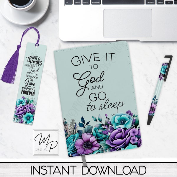 Teal and Purple Prayer Journal - Desk Set PNG Sublimation Journal Design - Includes Journal, Bookmark and Pen Designs - Digital Download