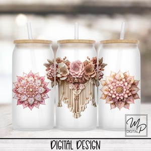 Boho Cottage 16oz Glass Can Sublimation Design, Glass Can Wrap, Glass Tumbler, PNG Digital Download
