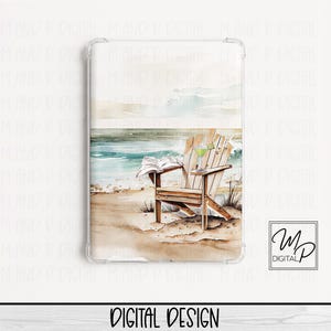 May include: A rectangular tablet case featuring a watercolor illustration of a wooden Adirondack chair on a sandy beach. An open book rests on the chair seat, and a green cocktail with a lime wedge sits on the armrest near the ocean.