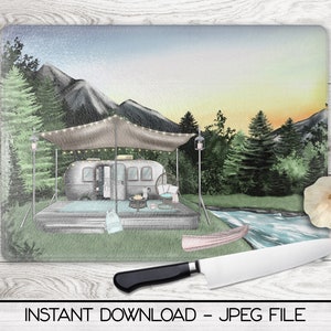 Camping Glass Cutting Board PNG Digital Design for Sublimation of Kitchen Glass Cutting Boards and Dish Mats, RV Camper