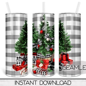 Seamless Buffalo Plaid Christmas Tree 20oz Skinny Tumbler Sublimation Design, Instant Digital Download PNG Straight Tapered Tumbler Wrap PNG