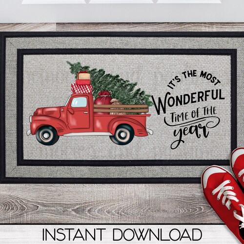 Merry Christmas Door Mat Sublimation Red Pickup Truck Front Etsy