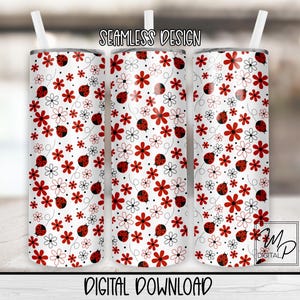 Bicchiere sottile da 20 once con coccinella senza cuciture, design a sublimazione, bicchiere PNG da scaricare digitalmente, modello completo per bicchiere, uso commerciale