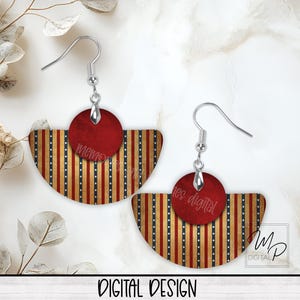 May include: A pair of red, white, and blue striped earrings with a red circle charm. The earrings are made of metal and have a silver finish. The charms have the text "memo" and "lee digital" on them.