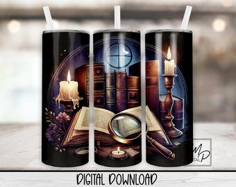 Mystery, Books, Reading, 20 oz Skinny Tumbler Sublimation Design, Instant Digital Download PNG Straight Tapered Tumbler Wrap PNG