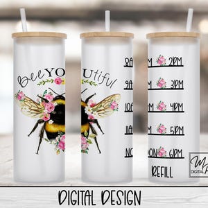 Vaso de vidrio Bee de 20 oz / 25 oz con medidor de agua, diseño Bee You Tiful Wrap para sublimación y calcomanías al agua, descarga digital PNG.