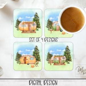 Set van 4 campingonderzetters sublimatie png-ontwerpen, vierkante koffieonderzetters voor campers, autoonderzetter sublimatie digitale download