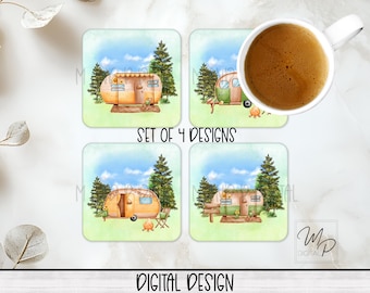 Set of 4 Camping Coaster Sublimation PNG Designs, RV Camper Square Coffee Coasters, Car Coaster Sublimation Digital Download