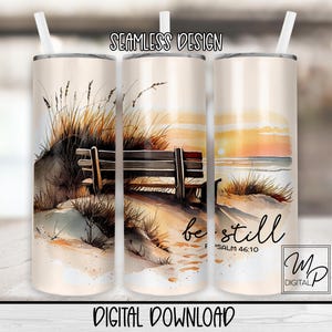 Sans couture Christian Beach 20 oz gobelet mince sublimation Design Téléchargement numérique instantané PNG Verre droit et conique Wrap PNG Be Still