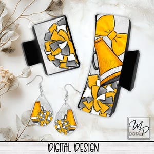 Cheerleader Hair Clip Sublimation Design, Yellow Team Spirit, Large And Small Hair Claw PNG, Hair Clip and Teardrop Earring