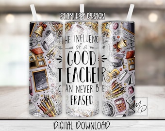 Seamless Teacher 20oz Skinny Tumbler PNG Digital Design for Sublimation, Waterslide Download, Teacher Tumbler Wrap, Instant Download