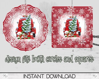 May include: Two Christmas ornaments, one circular and one square, feature a red truck carrying a Christmas tree and gifts. The ornaments have a red and white snowflake design. The text "design fits both circles and squares" is visible.