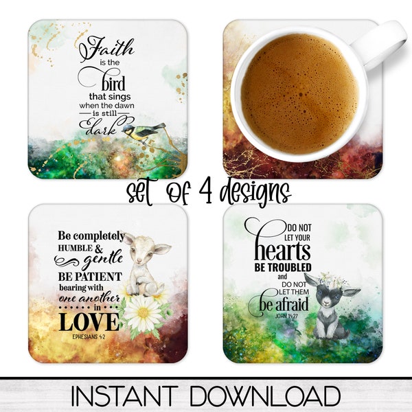 Set of 4 Christian Bible Verse Coaster Sublimation PNG Designs, Square Coffee Coasters, Car Coaster Sublimation Digital Download