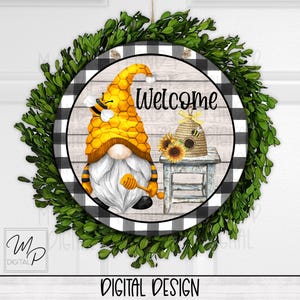 Bee Gnome Welcome Round Door Sign Sublimation Design Download, Wreath Sign, Circle Door Sign PNG, Commercial Use