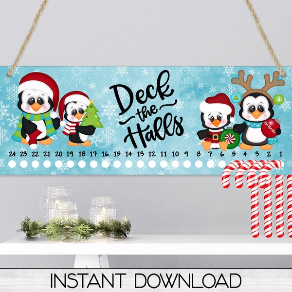 Christmas Penguins Candy Cane Countdown Sign PNG Sublimation Digital Download, Candy Cane Advent Calendar Holder