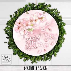 Christian Cherry Blossom Round Door Sign Sublimation Design Download, Wreath Sign, Door Sign PNG, Commercial Use