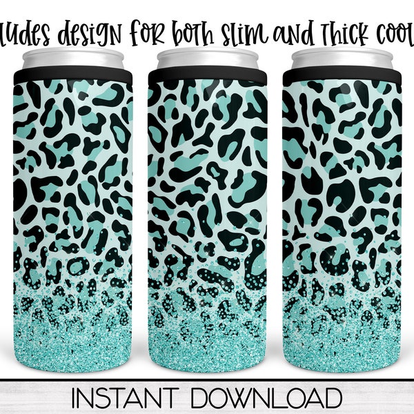 Teal Leopard Print Can Cooler PNG Sublimation Design Download for Slim & Thick Hard Can Cooler Wrap