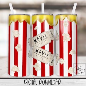 Movie Lover Popcorn 20 oz Skinny Tumbler Sublimation Design, Instant Digital Download PNG Straight Tapered Tumbler Wrap PNG