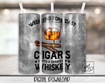 Whisky i cygara 20oz Skinny Tumbler PNG Wrap dla mężczyzn Sublimacja Pobierz cyfrowy szablon