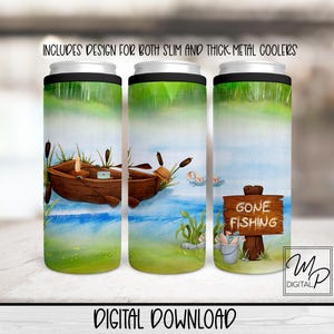 Gone Fishing PNG Design For Sublimation Of Slim and Thick Metal Can Coolers, Digital Hard Can Cooler Wrap Design