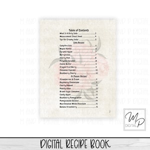 May include: A digital recipe book with a table of contents featuring soda and dessert recipes. The page includes a list of recipes such as Campfire Cola, Caramel Apple, and Blackberry Cherry. The words "Digital Recipe Book" are at the bottom.