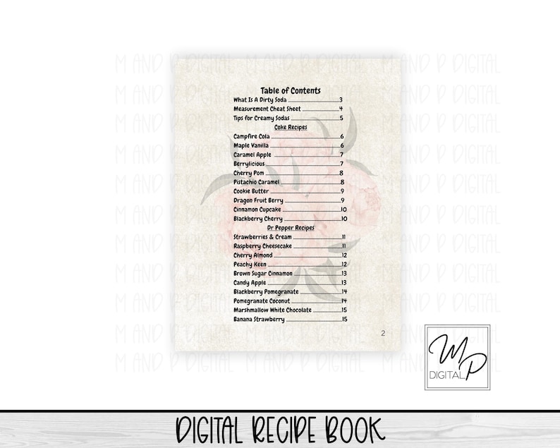 May include: A digital recipe book with a table of contents featuring soda and dessert recipes. The page includes a list of recipes such as Campfire Cola, Caramel Apple, and Blackberry Cherry. The words "Digital Recipe Book" are at the bottom.