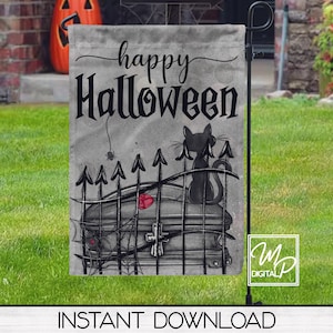 Happy Halloween Welcome Garden Flag Sublimation Design, Halloween Patio Decor, Black Cat Garden Flag, Digital Download