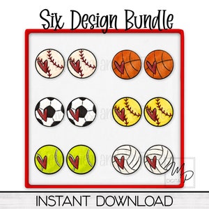 May include: Six digital designs of sports balls with hearts. The balls are baseball, basketball, soccer, softball, tennis, and volleyball. The designs are in red, white, yellow, and black.