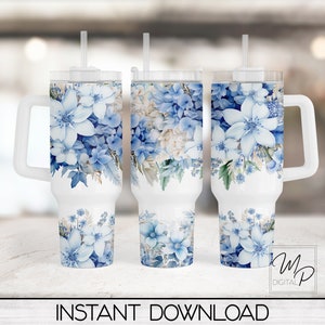 Envoltura para vaso de 40 oz con flores de color azul claro - Diseño de vaso PNG para sublimación - Descargas de diseños digitales - Uso comercial