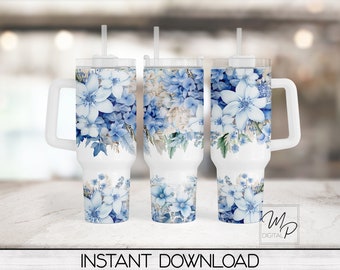 Light Blue Flowers 40oz Tumbler Wrap - PNG Tumbler Design Sublimation - Digital Designs Downloads - Commercial Use