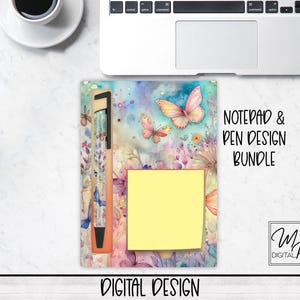 Motylowy notatnik i długopis PNG projekt sublimacji, pobieranie cyfrowe, uchwyt na notatki samoprzylepne PNG projekt
