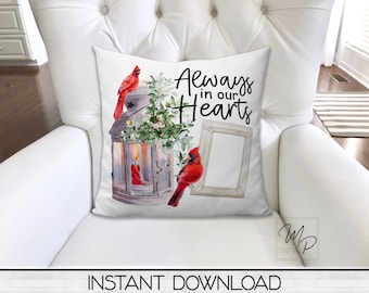 Red Cardinal Memorial Square Pillow Cover PNG Sublimation Design, One Photo, Digital Download